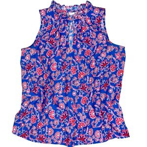 Gap Sleeveless Floral Ruffle Neck Tank Top Womens S Blue Red Summer Cottagecore